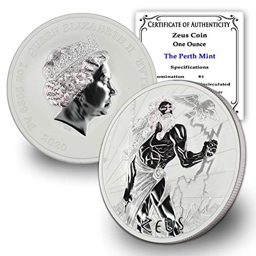 Сребърна монета Зевс Gods of Olympus 2020 AU от Тувалу с тегло 1 унция от мента София, Брилянт, без да се прибягва, със сертификат