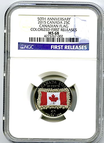 2015 CA Кралския канадски монетен двор на 50-ГОДИШНИНАТА на ХАРТАТА на Канада TOP POPULATION = 7 BLUE LABEL за ПЪРВИ път ПУСКА НА 25 ЦЕНТА NGC MS68