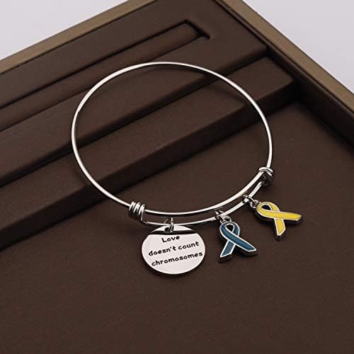 Подарък за Осъзнаване на синдрома на Даун CHOORO Синьо и Жълто Гривна за Осъзнаване на Синдрома на Даун с Панделка-Чар Любовта Не Смята Хромозома