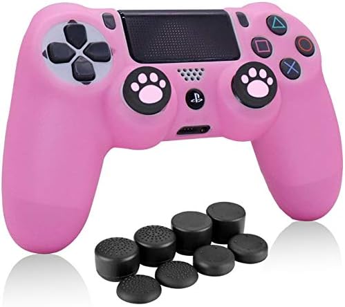 HLRAO Розова кожа контролер PS4, силиконова дръжка, защитен калъф за контролера PS4/Slim/Pro 4 + 8 дръжки за палеца FPS PRO + 2