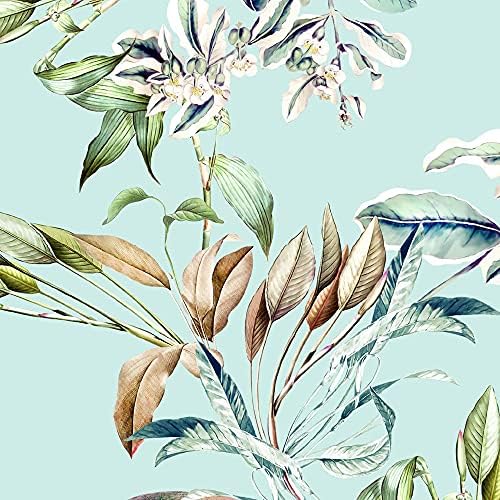 Стеганая плат от памук с тропически цветя и листа в устройството (мента, градински чай, зелено, тюркоазено и тъмно сиво)