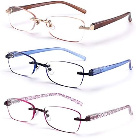 Дамски Очила за четене FEIVSN, 3 опаковки, Без рамки, Леки Очила за четене на пролетта панти, Класически Елегантни, Артистични Очила