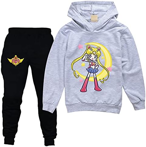 Leeorz/ Скъпа Hoody с качулка Sailor Moon, за момичета, Пуловер и Панталони, Спортно облекло, Комплект от 2 теми, Hoody
