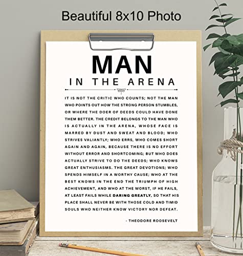 Плакат с цитати Човек на сцена - 8x10 Мотивационни, Вдъхновяващи, Теди Рузвелт, Смели Стенен Арт Декор - Уникален подарък за мъже,