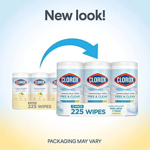 Почистване кърпички Clorox Free & Clear, подходящи за компостиране, с лек аромат на лимон, брой 75 бр., Опаковка от 3 броя (пакет