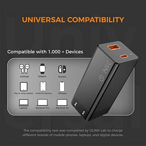 Зарядно устройство OLINK 65 W USB C, Двоен Блок зарядно устройство GaN, Компактно Складное Стенно зарядно устройство за MacBook