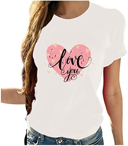 Тениски с графичен дизайн Love Heart за Жени, Върховете на Свети Валентин, Ежедневни Панталони, Пуловер с кръгло деколте и ръкав,