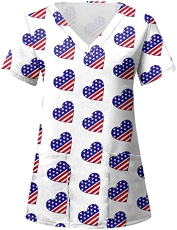 Ризи 4 Юли за Жени с Флага на САЩ, Лятна Тениска с Къс Ръкав и V-образно деколте и 2 Джобове, Блузи, Празнична Ежедневни работни
