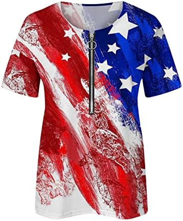На 4 юли, Топ за жени, Летни Тениски на Ден на Независимостта 2023, Американското Знаме, Междузвездни Шарени Блузи джоб с V-образно деколте, Пуловер