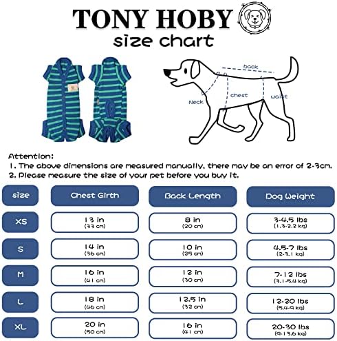 Пижами за кучета ТОНИ HOBY за жени /мъже, Гащеризон за кучета в лента за малки до средни кучета, Мека и удобна Пижама на 4 крака, Облекло за кучета (Синьо и зелено За момч