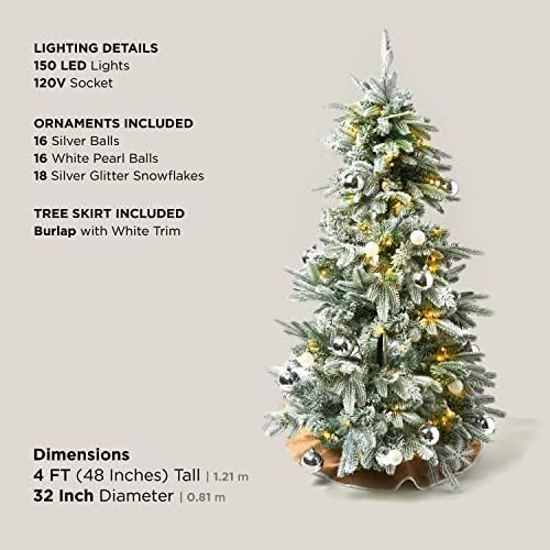 Коледно дърво от флока дължина 4 метра, предварително осветени - 150 led лампи, 50 Накити и части за елха от зебло в комплект, Разборная за лесно съхранение, Бели и Сребър?