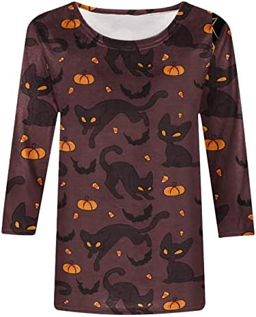 Дамски Памучен Тениска с Кръгло Деколте и 3/4 ръкав с Графичен Дизайн за Почивка на Хелоуин, Свободна Тениска, Лятна Есенна Риза
