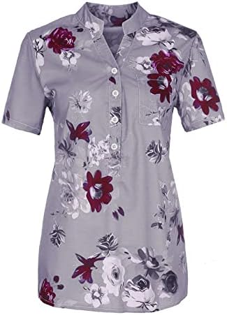 Летни Блузи за жени 2023, Модни Реколта Цветя Свободни Тениски с Копчета с Къс Ръкав и V-образно деколте за Всеки Ден, Върхове