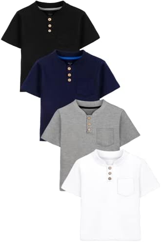 Poroka/ Памучен Тениска Henley с къс ръкав за малки Момчета, 4 опаковки, Базова Многопластова Тениска с кръгло деколте и джоб