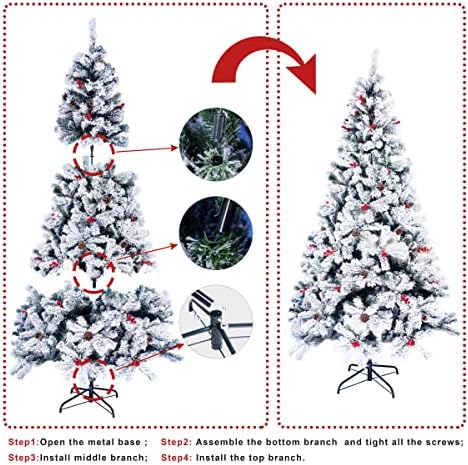 Заснежените върхове на Коледно дърво 7,5 метра, с Изкуствена бор на панти, Коледно дърво с борови шишками и Червени плодове.