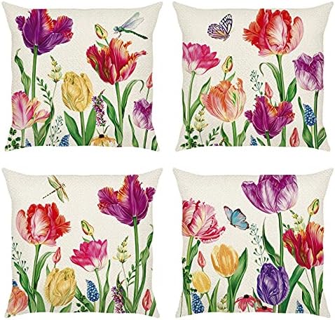 Bonhause Лале Пролетта Калъфки за възглавници с Цветен Модел 18x18 Инча Комплект от 4 Селска Градина Цветни Калъфки за възглавници