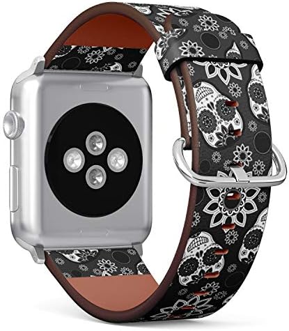 Съвместим с малки Apple Watch 38 мм, 40 мм 41 мм (всички серии) Кожена каишка за часовник Каишка Гривна с адаптери (Захарен Череп)