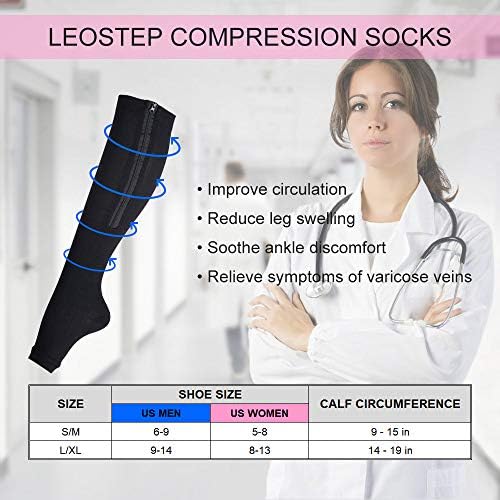 Компресия чорапи LEOSTEP с цип, Без Чорап с Дълги Отворени пръсти, Поддържащи Чорапи до Коляното за Краката и мускулите