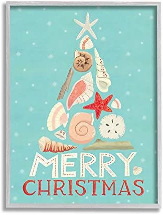 Stupell Industries весела Коледа, Морска Празнична коледна Елха, на Плажа В Грах, Дизайн на Лора Уотсън, Стенно изкуство в сивата рамка, 24 x 30, синьо