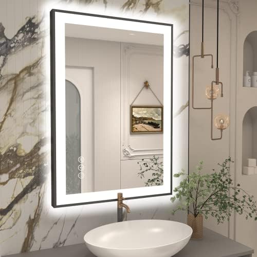 Огледало за баня CHARMOR 28x36 в рамка с led осветление, Регулируемо Огледало за тоалетка маса с подсветка, Стенно огледало с осветление