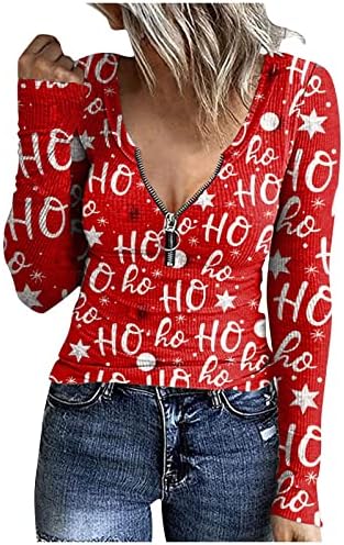 Дамски пуловери за носене с Гамаши, Пуловер с цип с U-образно деколте и Принтом, Коледна Тениска с дълъг ръкав 2023