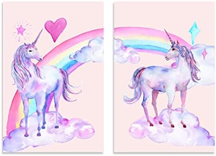 Лилава Върбинка Арт Rainbow Unicorn Стенно Изкуство за Стаята на Момичетата Платно За Рисуване Удължен и разширен 16x24 Инча Комплект от 2 за Детска Стая Декор за Детска Спал