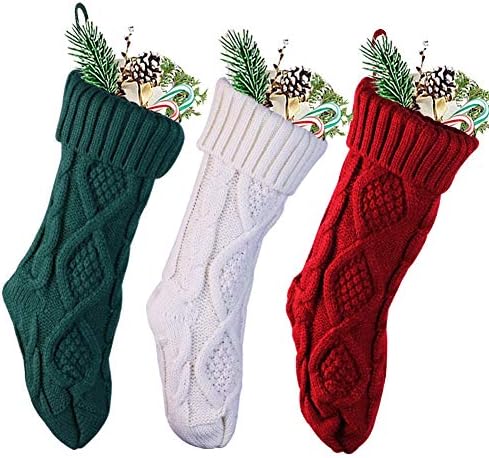 Коледни Чорапи Възли 15 Инча Коледни Двустранни Ромбовидные Мрежа Cable Чорапи Камина Коледно Дърво Декор Стандартни Окачени Чорапи Червено Бяло, Зелено 3 Опаковки