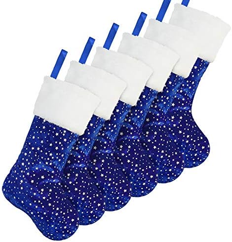 Коледни чорапи LimBridge, 6 Опаковки, 18 инча, с блестящ принтом под формата на златни Звезди и плюшени белезници, Класически Декорации за Отглеждане за цялото семейство,