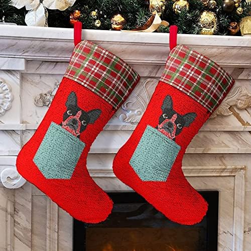 Имат Куче, Бостън Териер Пайети Коледни Празници Чорапи Обратим което променя Цвета си в Магически Състав за Коледно Манто Окачени Чорапи