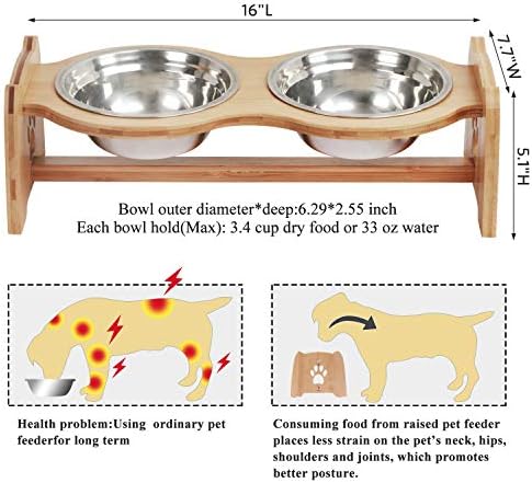 Купички за кучета и котки X-ZONE за домашни любимци, Регулируеми Бамбукови Купички за храна и вода за кучета с 2 мисками от неръждаема стомана и противоскользящими кра