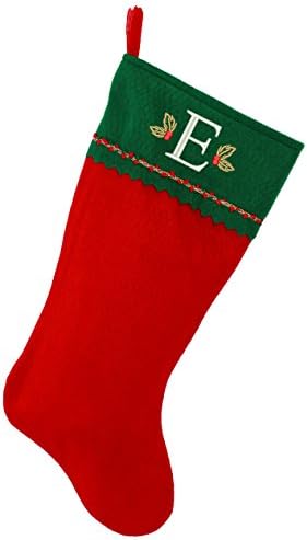 Първоначално Коледни Чорапи с бродирани мен Монограм, Зелено и Червено фетр, Инициал E