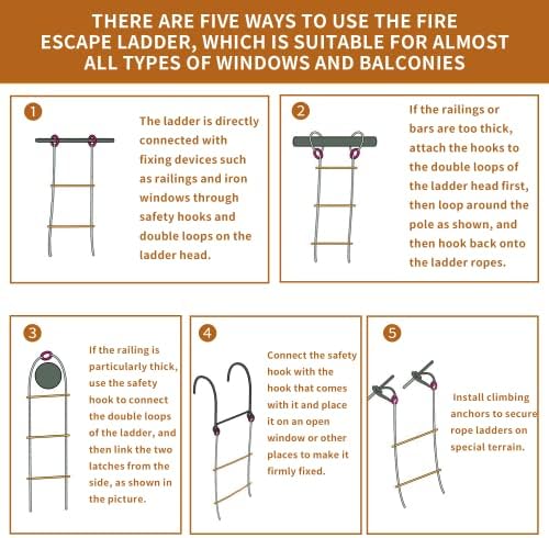 25-подножието на Безопасно Пожарна стълба на тераса с Куки-Carabiners | Мезонет за възрастни и деца | Множество за дома на дърво | Товароносимост до 2000 паунда