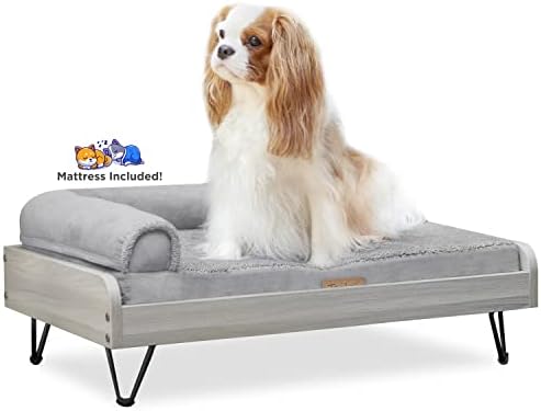 Дървено легло за кучета с Водоустойчив матрак, Повдигнати Легло за домашни любимци от малкия и среден размер С Успокояващ матрак, Сертифицирана Greenguard Gold, Модерен Д?