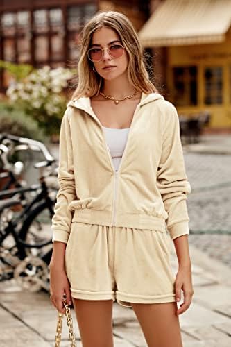 Жена Велюровый спортен костюм PRETTYGARDEN от 2 теми, Ежедневни Hoody с дълъг ръкав с цип и къси Панталони, Комплект за бягане