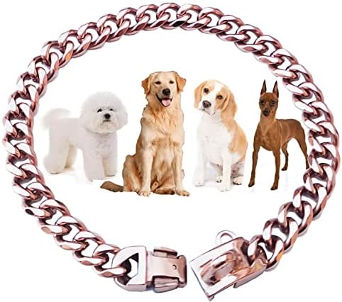 UUIRSTY нашийник за кучета с верига от розово Злато 0,6 инча (15 мм), нашийник за кучета с кубински звено от 18-каратово злато с ключалка със защитна катарама, Метален наший?