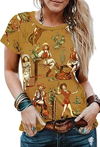Женска тениска с Кактусом Западната Пустиня, Реколта Тениска с Изображение на Кактус по Залез слънце в Ретро стил, Ежедневна Блуза