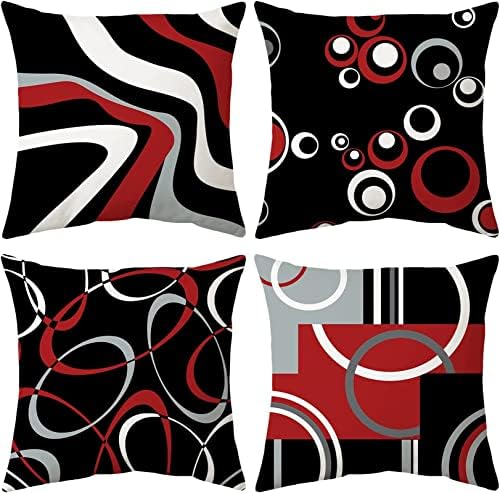 Jelomax Червени и Черни Калъфки за възглавници, Декоративни Модерни Абстрактни Декорации с Геометричен Кръг, 18x18 Инча, Комплект