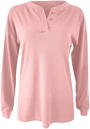 Дамски ежедневни ризи Henley, обикновен пуловер с кръгло деколте и копчета, блузи свободно намаляване с дълъг ръкав, потници