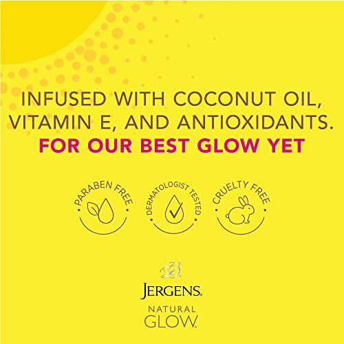 Лосион за тен без слънце Jergens Natural Glow, за самостоятелно слънчеви бани, за леки и средно кожа, Хидратиращ крем за всеки ден, 7,5 грама, съдържа антиоксиданти и витамин е