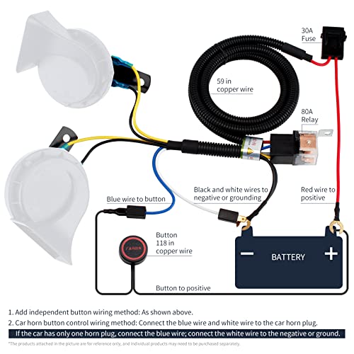 FARBIN Комплект колани кабели, релета автомобилни клаксона 12v и бутон за звуков сигнал от 3-метров проводник (Турникет кабели + червена точка бутон, 12V)