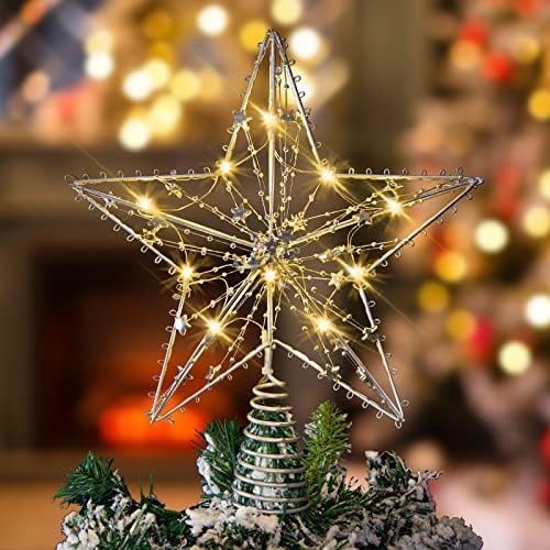LAWOHO Украса със Звездите на Коледното Дървото, Сребърна Коледа Звезда 10 Инча, Коледна Елха с 10 led Крушки, Съобразена Звезда