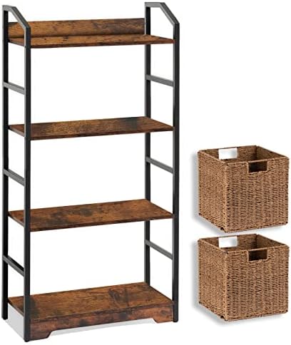 Bookshelf Vagusicc с 2 Кошници за съхранение, 4-Различен шкафове, Дървена лавица за книги, Модерен Органайзер За съхранение на Стоманена