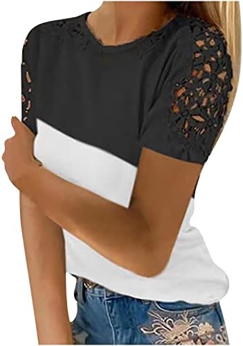 Летни Потници за жени 2023, Ежедневни Тениска с кръгло деколте, Цвете Лейси Отворена Блуза, Тениски с Къс Ръкав, Модерен Пуловер, Топ