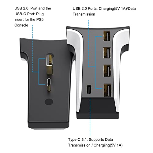 USB-хъб Tensun за PS5 Аксесоари за PS5 Високоскоростна експанзия 5-Портов USB хъб, Зарядно Устройство, Адаптер-Сплитер с 4 порта USB + 1 Type-c е Съвместим със слушалки за игралната