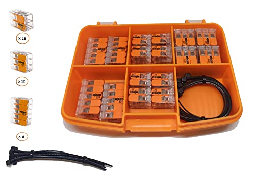 Комплект гайки за лоста WAGO 221 36 бр. и конектори за кабели CABLO TIES с оранжев корпус включва (16x) 221-412, (12x) 221-413,