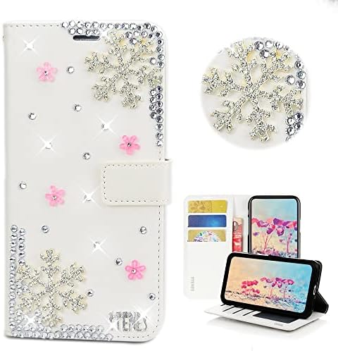 Чанта-портфейл STENES Bling за телефон, Съвместим с Мото E6 - Стилен - 3D Снежни цветя, ръчно изработени с Цветен дизайн, Кожен