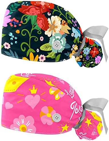 Работна Шапка RODAILYCAY с Разноцветни цветя, Пуговицей и тренировъчната панделка, 2 Опаковки Многократно Хирургически шапки за еднократна употреба с Държач за cauda equina