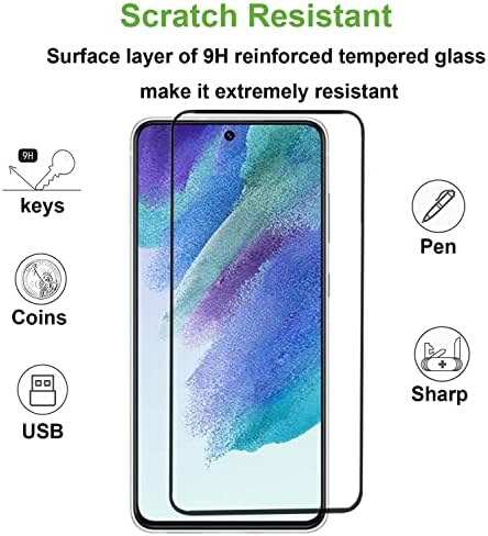 Защитно фолио от закалено стъкло от край до край, която е съвместима с Samsung Galaxy S21 FE 5G размер на 6,4 инча, черна коприна защитно фолио е с пълно покритие на дисплея, лесн