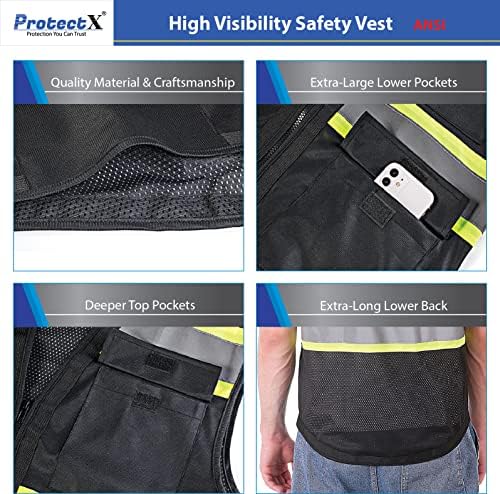 Защитна жилетка ProtectX с цип отпред с 6 джоба Повишена видимост със светлоотразителни ивици, сертифициран ANSI / ISEA клас 2