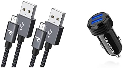 Сплетен Найлонов кабел Micro USB RAMPOW, [2 опаковки / 3,3 фута], QC 3.0, Бързо Зареждане и синхронизация на Android-Зарядно устройство за Samsung Galaxy + Зарядно за Кола е 24 W / 12 4.8 A, Dual USB ад?